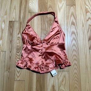 Kimchi blue Satin Halter Top with Ruffle Hem